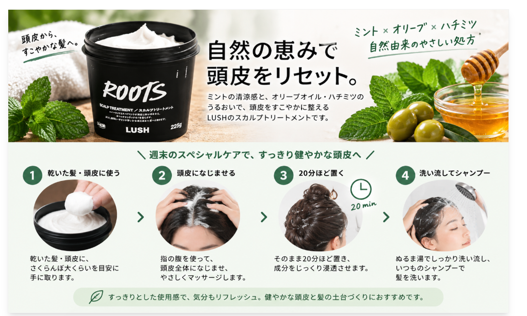 現実頭皮の特徴と使い方をまとめたビジュアル